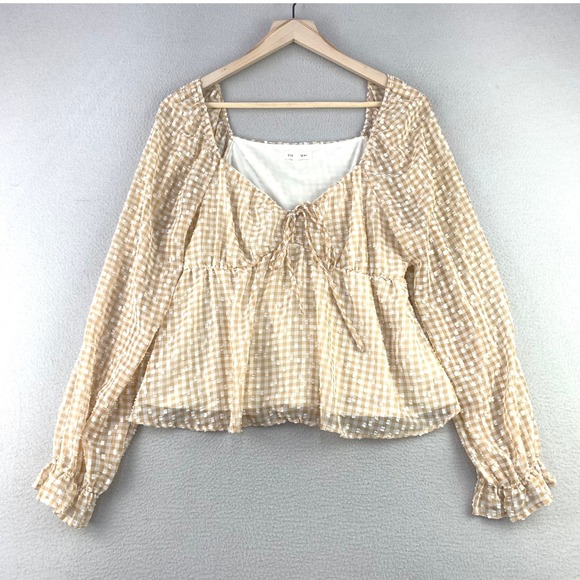 Blu Pepper Tops - blu pepper Gingham Peplum Top Women L Tan Cottagecore Tie Front Long Sleeve